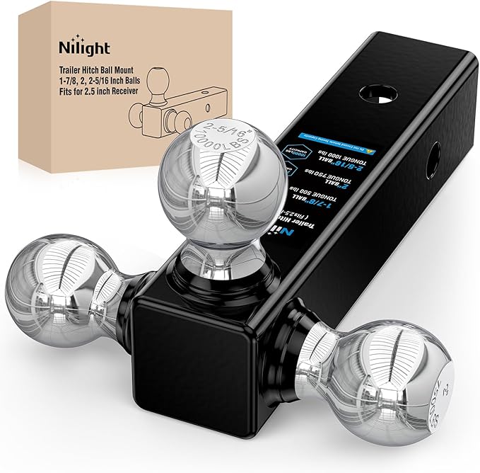 Nilight Multi-Ball Trailer Hitch Ball Mount, 1-7/8, 2, 2-5/16-Inch Balls, Triple Ball Mount fits 2-1/2-Inch Hitch Receiver, Chrome Plating