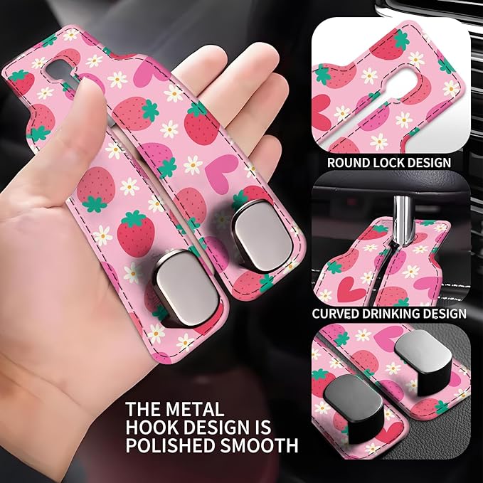 Car Seat Back Storage Headrest Hook, Premium Leather Double Metal Hook, Hanger Storage Organizer for Purse Cloth Bag, Car Interior Accessories Cute Pink Strawberry