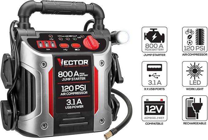 Vector J7CV 800 Peak Amp Automotive Jump Starter, Portable Power - Triple 15W USB Ports, 120 PSI Air Compressor