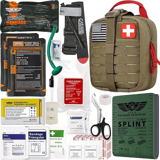 EVERLIT Advanced Trauma Kit, CAT GEN-7 Tourniquet, TCCC Compliant, Mil-Spec Nylon Laser Cut Pouch with 36" Splint, Military Combat Tactical IFAK for Emergency Bleeding Control