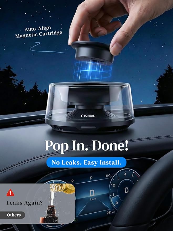 TORRAS Smart Car Air Fresheners Diffuser, The First App Control Car Freshener, Solar & USB-C Charging, Auto ON/OFF, Cherry Blossom & White Musk, Lasts Up to 5 months, CF20 Pro Fragrance Diffuser