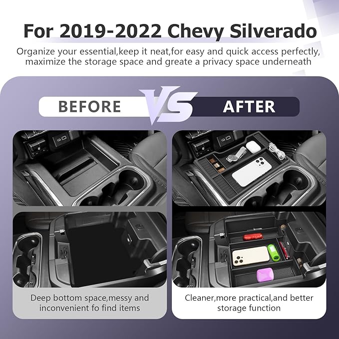 LUWU Center Console Organizer Compatible with 2019-2022 Chevy Silverado/GMC Sierra 1500 & 2020-2023 Chevy Silverado/Sierra 2500HD 3500HD Accessories, 2-Pack Black (ONLY for Full Console w/Bucket Seat)