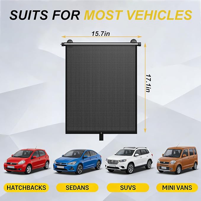 2 Pack Retractable Car Shades for Side Windows - Window Sun Shade for Car with Strong Suction Cups | Roller Shades UV Heat Block Sun Shade for Cars House Office Window (S:15.7"x17.1")