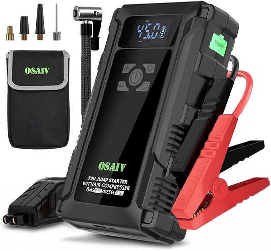 Jump Starter with Air Compressor, 3000A Car Battery Jump Box for 8.5 Gas/6.5L Diesel Vehicles, 150PSI Tire Inflator Auto-Shutoff, 10 Safety Modes, 3-Mode Emergency Light