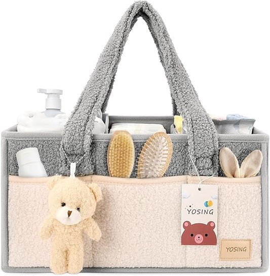 YOSING Diaper Caddy Organizer for Changing Table, Newborn Caddy for Car Travel, Nursery Storage and Car Organizer for Diapers and Baby Wipes, Gray+ White