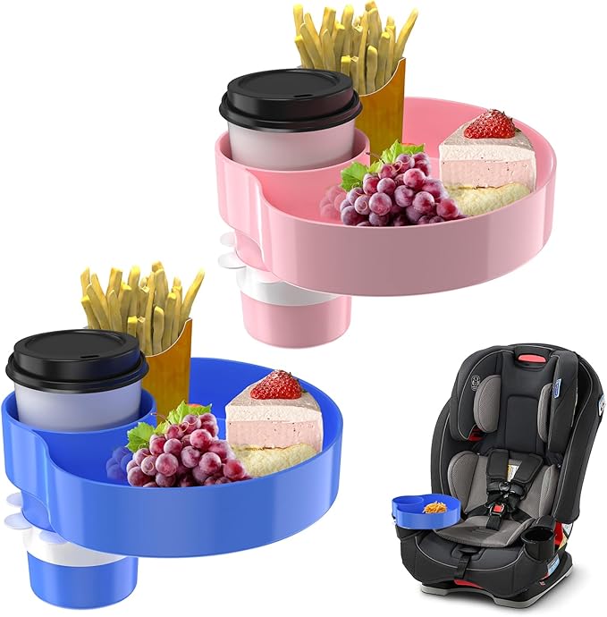 [2 Packs] Kids Car Seat Tray, Travel Tray with Cup Holder for Toddler, Kids Car Seat Food Snack Organizer for Road Trip, Stroller snack tray travel must haves - Blue+Pink