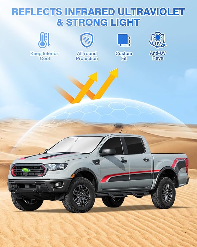 Canvcle Sunshades for 2019-2025 2026 Ford Ranger 4Door Windshield Sunshade Side Rear Windows Sun Visor Shield Privacy Cover Keep Vehicle Cool Black 5PCS
