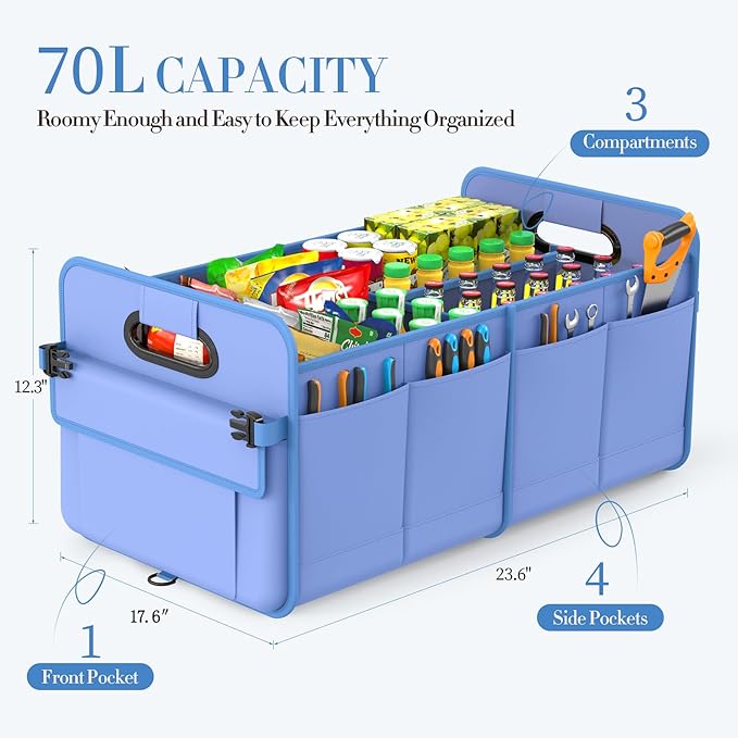 Trunk Organizer For Suv & Sedan,Car Organizers and Storage, Waterproof Collapsible & Adjustable Straps,70L Sturdy Car Organization for Car Accessories, Tools,Sundries,2-3Compartment（Blue