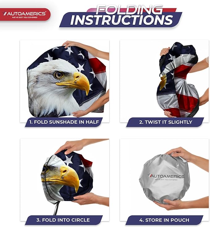 Autoamerics 1-Piece Windshield Sun Shade American Eagle Flag - 3 USA Patriotic Design - Foldable Car Front Window Sunshade for Sedans SUV Truck - Blocks Max UV Rays and Keeps Your Vehicle Cool - Large