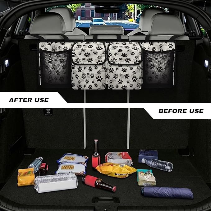 Dog Paw Print Car Trunk Organizer Foldable Auto Backseat Storage Bag with 4 Pockets Universal Hanging Auto Accessories Suitable Most Sedans SUVs Trucks Vans