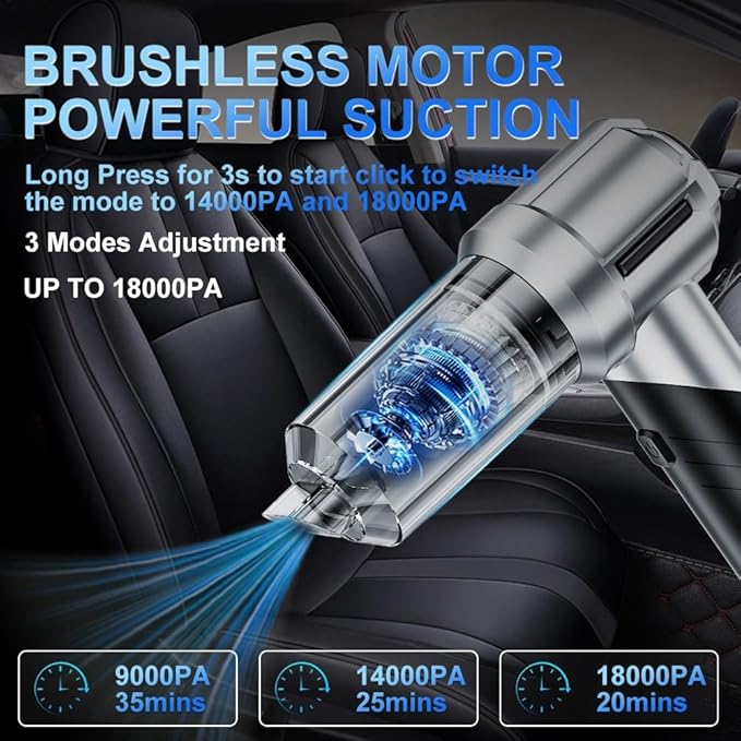 Handheld Foldable Car Vacuum, 4-in-1 18000PA Mini Vacuum Cleaner Portable Cordless, Air Blower, High Power Air Duster with Brushless Motor, for Car, Home, Office, Camping (Black)