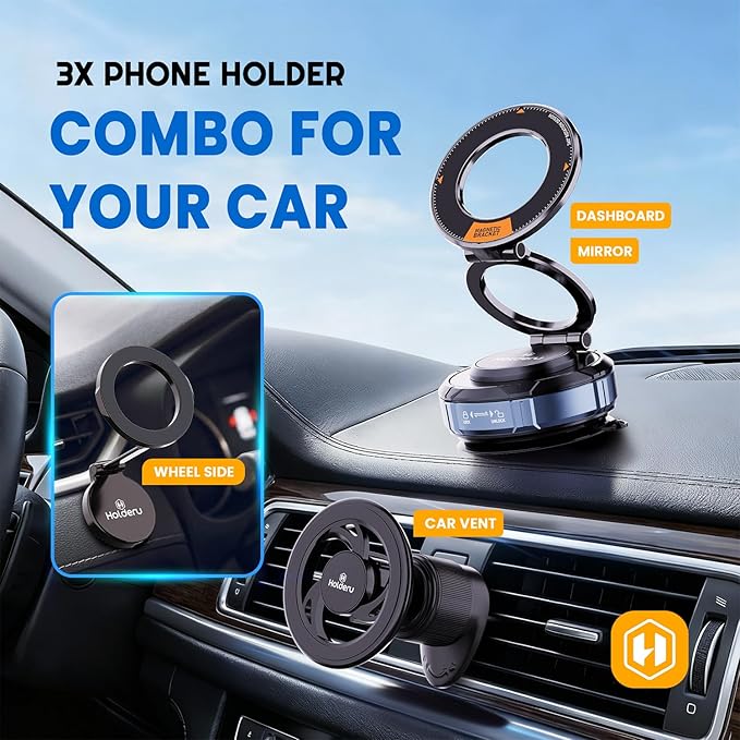 Magnetic Phone Holder for Car - MagSafe Compatible Car Mount | 3 Holder Bundle (Dashboard, Air Vent & Steering Side) Strong Magnet & Nano Gel Suction for iPhone 17 Pro Max, 16, 15, 14 & Android