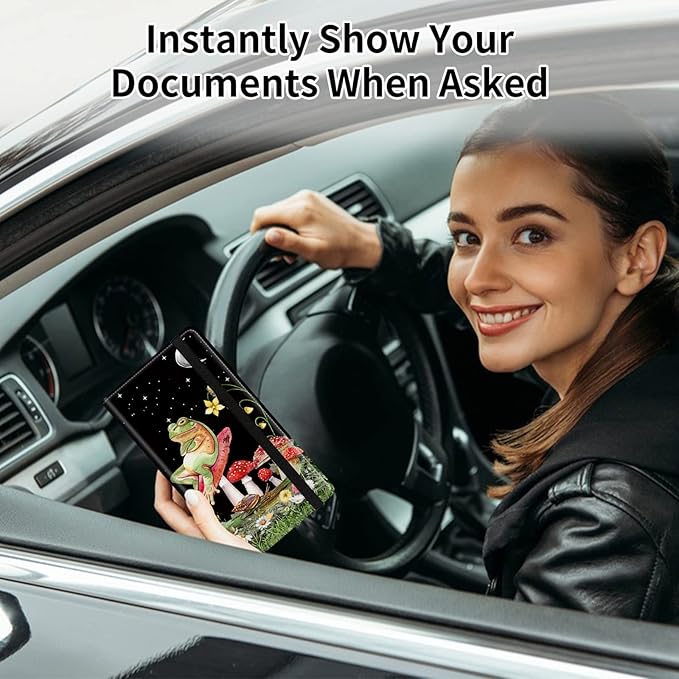 Car Registration and Insurance Card Holder, Premium PU Leather Vehicle Wallet Cover for Glove Box Car Organizer Drivers License/Cards/ID Essentials Document Holder, Aesthetic Mushroom Frog