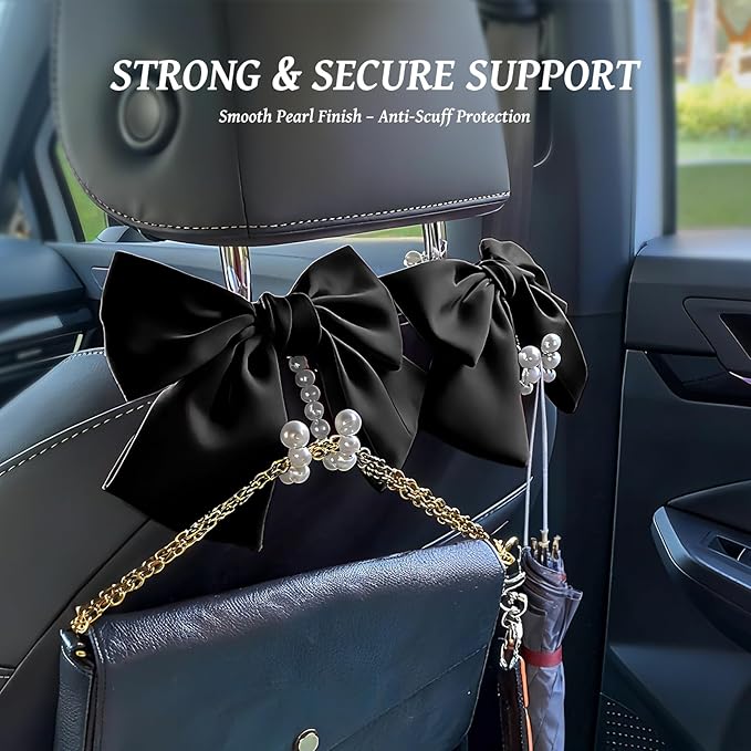 2 PCS Bow Pearl Car Seat Headrest Hook – Cute Purse Hook for Car, Girly Interior Decoration Accessories Hook Hanger, Seatback Holder for Purses & Bags, Elegant Car Organizer (Black)