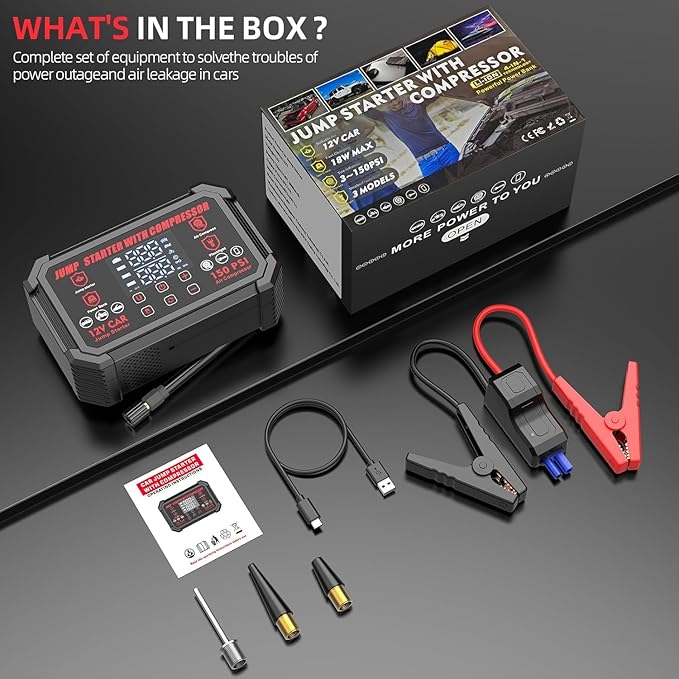 Jump Starter with Air Compressor, 4000A Peak Portable Car Battery Jumper Starter with 150PSI Auto-Shutoff Tire Inflator, 12V Car Jump Box with LED Light&LED Display All Gas /10L Diesel,Motorcycle