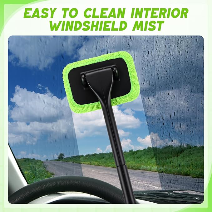 FoldTier 8 Pcs Car Windshield Cleaner Tool Kit with Removable Handle, Microfiber Towel Pads, Brush, Empty Spray Bottle for Auto Glass Wiper Suvs Rvs & Home Windows(Green)