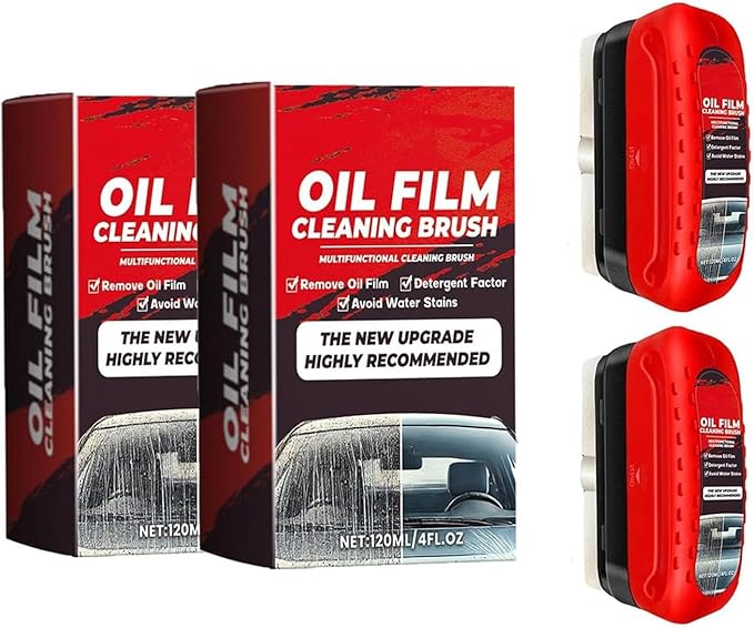 2PCS Glass Cleaner Kit, Windshield Oil Film Remover with Hydrophobic Coating & Cleaning Brush, Streak-Free Auto/Home Glass Cleaner for Car Windshields Windows Mirrors Shower Doors