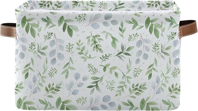 Wamika Eucalyptus Leaves Storage Basket with Waterproof Liner and PU Handles Green Leaf Storage Bins Boxes 14.2" Collapsible Decorative Organizer Baskets for Bedroom Closet Office 1 Pack