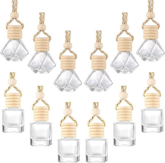 Patelai 12 Pcs 8ml Hanging Car Air Freshener Perfume Bottle Empty Clear Glass Essential Diffuser Oil Aromatherapy Fragrance Perfume Pendant Glass Bottle Decor(Classic Style)