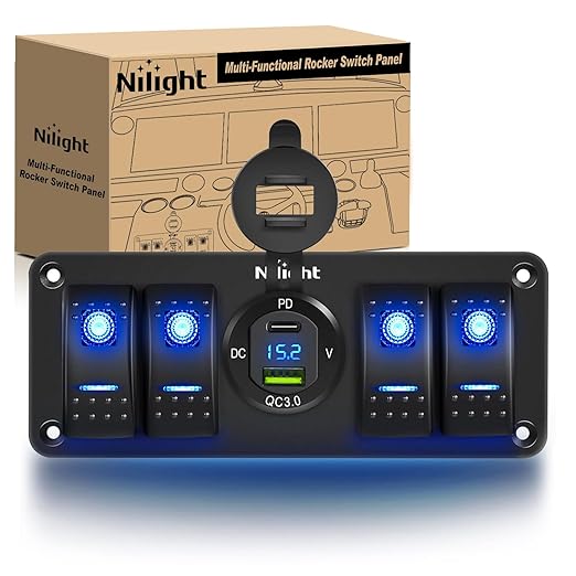 Nilight 4 Gang Rocker Switch Panel with Voltmeter Waterproof 12V DC PD Type C and QC 3.0 USB Charger Night Glow Stickers for Cars Trucks Boats RV