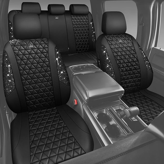CAR PASS Bling Diamond Black Leather Car Seat Covers Full Sets Interior Sets, Waterproof Shining Glitter Sparkly Crystal Universal Armrest Fit Automotive Truck SUV Cute Women Girl, Black PU Rhinestone