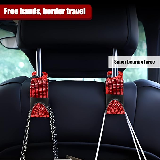 OSIFIT 2PCS Car Seat Hooks, Bling Rhinestone Headrest Hooks, Universal Bling Car Interior Accessories, for Handbag, Clothes, Purse, Water Bottle (Red)