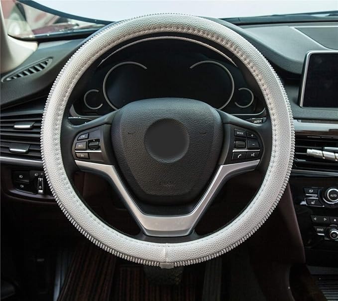 New Diamond Leather Steering Wheel Cover with Bling Bling Crystal Rhinestones, Universal Fit 15 Inch Car Wheel Protector for Women Girls Silver