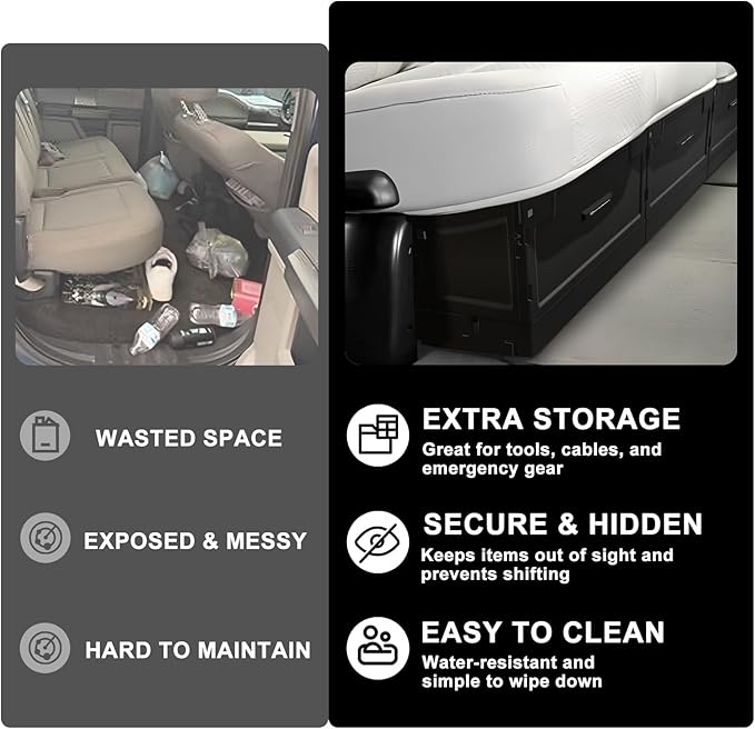 VaultsOnWheels Foldable Under Seat Storage Box for Ford F150 2015-2026 SuperCrew/Crew Cab&F250 F350 F450 2017-2026 SuperDuty Accessories, Console Organizer with Snap Latches, Detachable Truck Tool Box