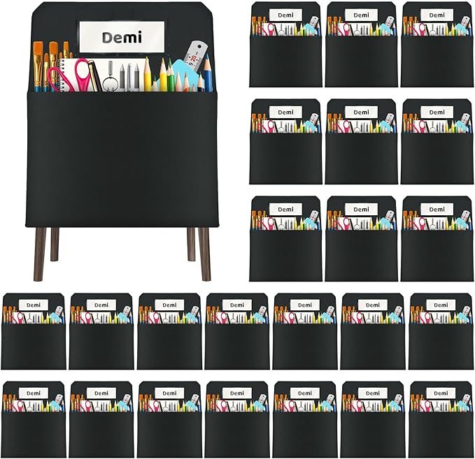 24 Pack Chair Pockets for Classrooms, 16 x 19 inch Pocket Chart Back of Chair Organizer for Kids with Name Slot, Seat Sacks for Classroom Chairs Seat Storage (Black, 24Pack)