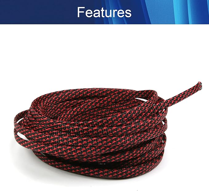 Aicosineg 32.81ft PET Flexible Braided Cable Sleeve 0.25inch Width Wire Loom Sleeving and Organizer Flexible Wire Mesh Sleeve Wrap Protector for TV Audio PC Cords from Pets Chewing Black and Red