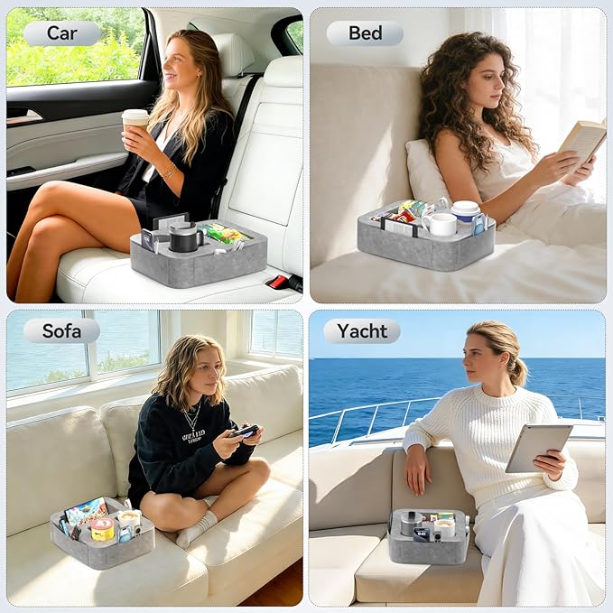 Car Cup Holder Pillow, Backseat Car & Bench Seat Cup Holder for iPad, Switch, Controllers, Remotes, Glasses, Drink Holder for Car, Couch, Bed, Desk, Camping, Automotive Cup Holders, Sofa Caddy, Gray