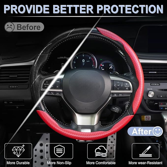 Amiss 3pcs Carbon Fiber Anti-Skid Steering Wheel Cover, Waterproof & Segmented Butterfly Design, Universal 99% Vehicle Wheel Cover Protector, Car Interior Accessories, Red