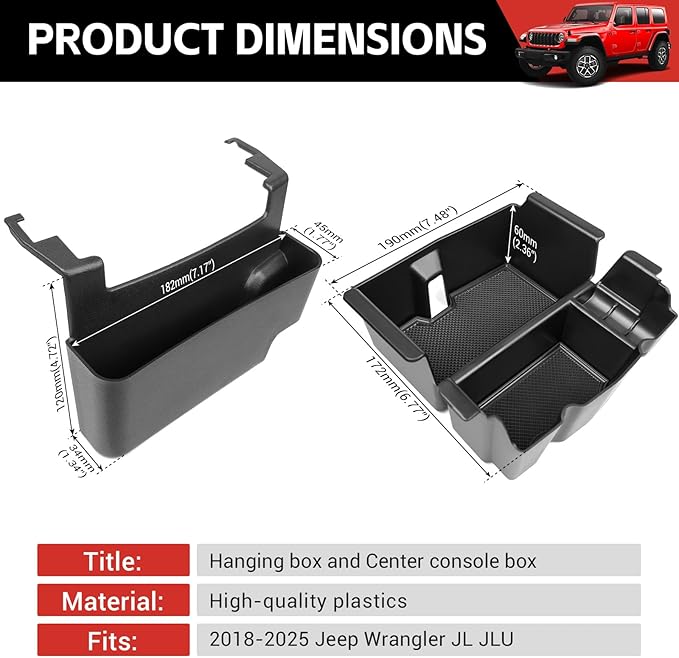 Center Console Hanging Organizer for 2018-2025 Jeep Wrangler JL JLU 4XE/Gladiator JT Center Console Armrest Box Storage Tray for Wrangler&Gladiator(Hanging+Center Console Armrest Organizer)