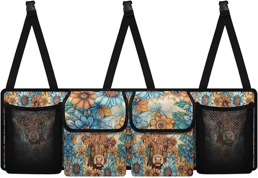 Hippie Floral Highland Cow Trunk Organizer Car Women Large Capacity Car Back Seat Organizer Car Organization with Lid