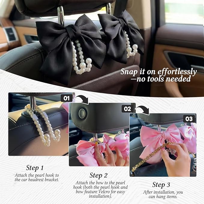 2PCS Satin Bow Pearl Car Seat Headrest Hooks – Car Bag Holder & Vehicle Hanger for Purses – Cute Coquette Aesthetic Interior Decoration – Cute Auto Organizer Accessories Universal (Black)