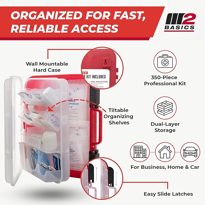 M2 BASICS Professional 350 Piece First Aid Kit, Wall Mountable Dual Layer Hard Case for Business, Home, Car, Vehicle & Work