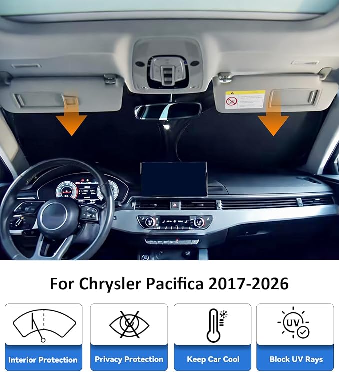 Windshield Sun Shade for 2017-2026 Chrysler Pacifica Minivan Accessories, Car Front Window Sun Visor & Heat Shield | 240T Sunshade Protection Blocks UV Rays Keep Your Car Cooler