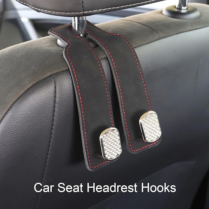 Purse and Bag Hook for Car, Zinc Alloy Seat Headrest Hooks, Upgraded Leather Cute Car Seat Back Purses Hanger and Bags Holder (Black Diamond, 2Pack)