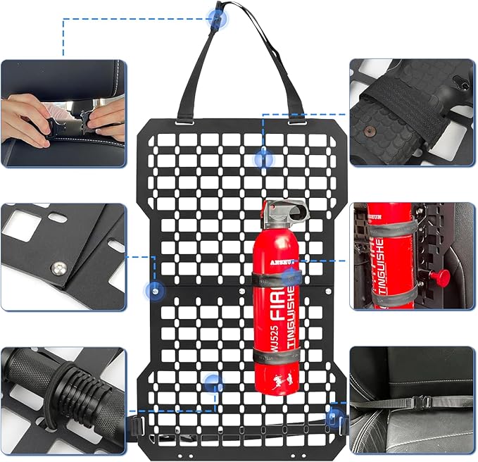 Rigid Molle Panels For Vehicles Truck Mount Rack Panel with Fire Extinguisher Mout & Hook and Loop Fasteners & Elastic Rope Tactical Seat Back Organizer Adjustable Versatile Panel