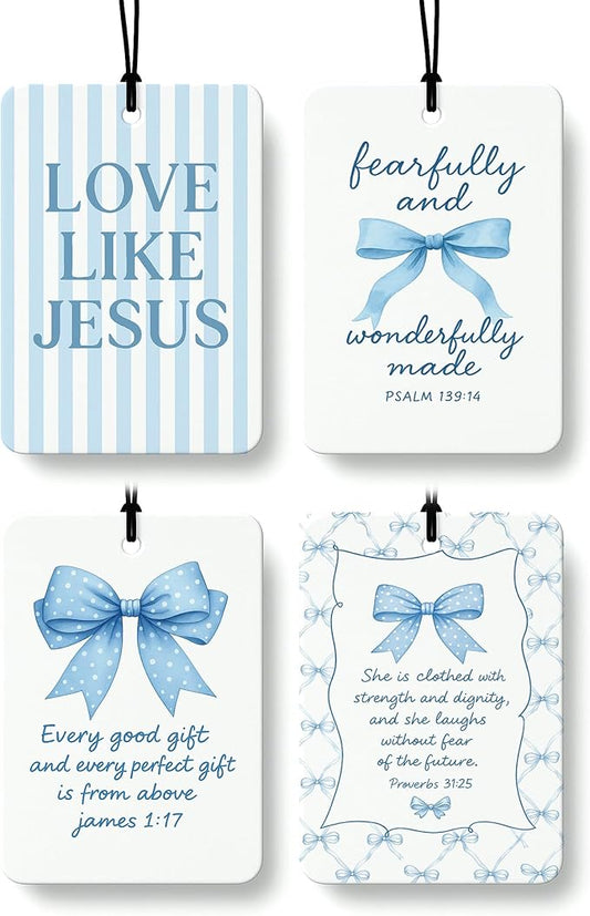 Inspirational Christian Car Air Freshener 4 Pcs, Blue Coquette Bow Religious Hanging Air Freshener for Cars Closet Drawer Books, Girly Christian Car Accessories Mirror Decor for Women