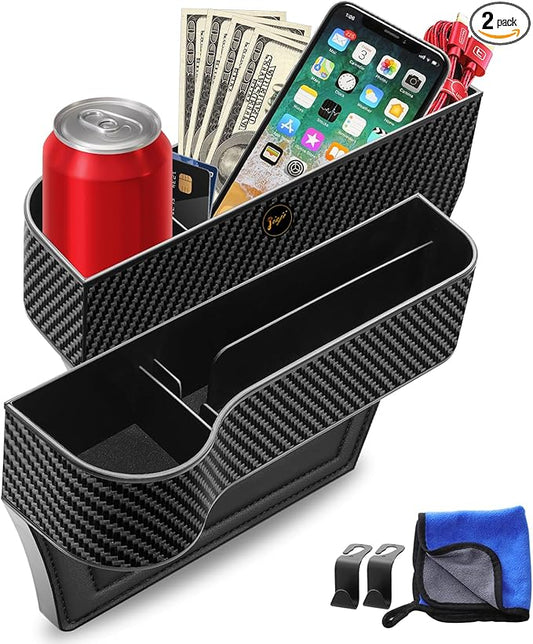 Car Seat Gap Filler, Premium Leather Car Seat Gap Filler Organizer with Cup Holder, Car Seat Organizer with Two Seat Hooks, Can Hold Cell Phone, Keys, Cards, Canned Drinks - 2 Pack, Black