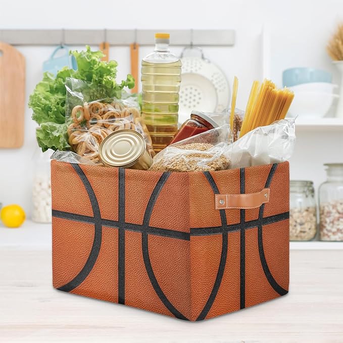Basketball Texture Storage Baskets for Organizing, Fabric Collapsible Storage Bins Box Sport Pattern Decorative Toy Organizer Baskets for Closet Shelves Gift Basket 2Pcs