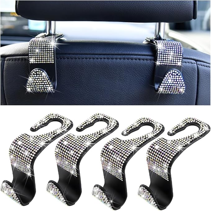 Mandark 4PCS Bling Car Seat Headrest Hooks, Crystal Rhinestone Vehicle Seat Back Hanger for Grocery Purses Handbags, Diamond Auto Seatback Storage Organizer Hook, Universal for Most Cars (Multicolor)