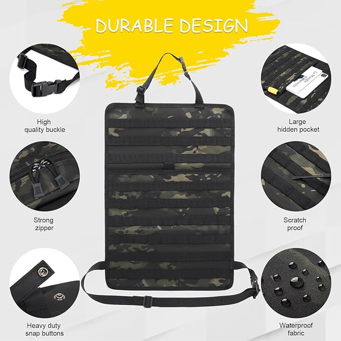 Tactical Car Seat Back Organizer, 2025 Upgrade Tactical Vehicle Panel Organizer with 5 Detachable Molle Pouch for Car Truck Ford Jeep Vehicle (Dark CM)