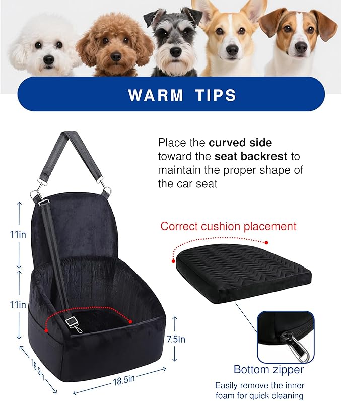 NUPIDA Dog Car Seat for Small Medium Dogs, Dog Booster Seat with Extendable Backrest, Pet Portable Car Seats up to 30 lbs, Washable Travel Bed with Storage Pockets and 2 Safety Leashes, Black