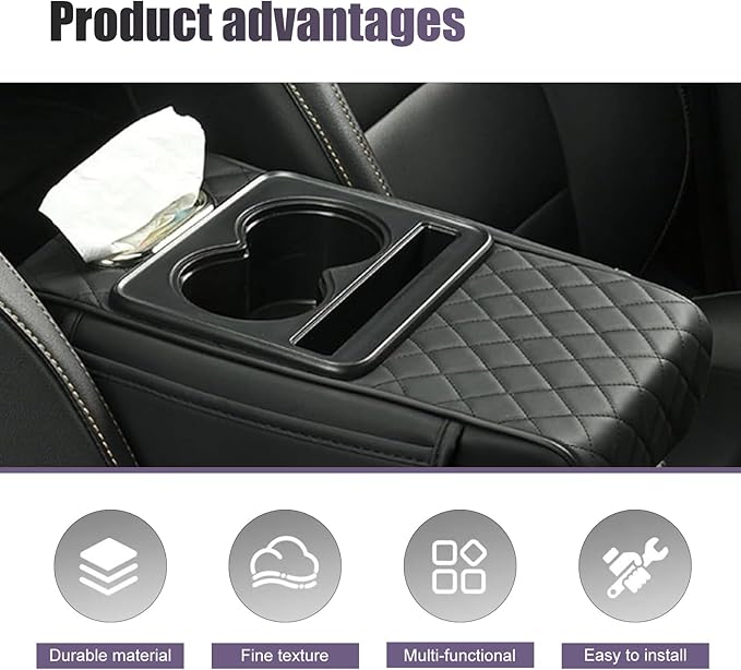 Car Center Console Cover Organizer, Multifunctional Storage Box with Cup Holders & Tissue Box & Phone Slot, Highly Elastic Comfort Arm Rest Cushion for Cars (Black)