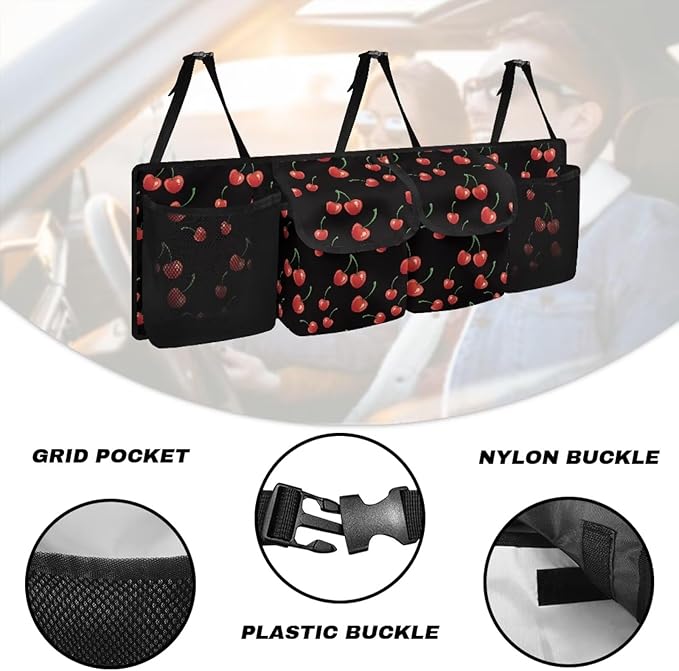 Cherry Trunk Organizer for Car Women Adjustable Back Seat Car Organizer Oxford Cloth Car Back Seat Organizer with 4 Pockets, Space-Saving Car Organizers Storage Bag for SUV/MPV/Truck