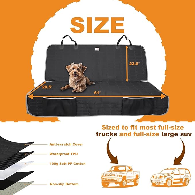 Reliadura Dog Car Seat Cover for Back Seat,Washable Bench Seat Cover for Truck,Nonslip Backseat Cover Protector for F150/Ram1500/GMC Sierra/Toyota/Chevrolet Silverado,Car Seat Covers for Dogs