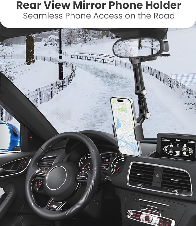 Karmus Rear View Mirror Phone Holder, Aluminum Alloy Mount Car Phone Holder Universal Rotatable and Retractable Rearview Mirror Phone Mount for Car Truck