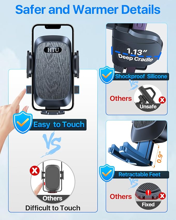 HTU [2026 True Military-Grade] Car Phone Holder [Upgraded Strongest Suction & Clip] Cell Phone Mount for Dashboard Windshield Vent,Truck Cradle Stand for iPhone 16 Pro Max Samsung Android (Black)